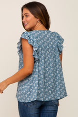 Blue Floral Front Tie Ruffle Shoulder Maternity Top