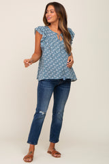 Blue Floral Front Tie Ruffle Shoulder Maternity Top