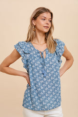 Blue Floral Front Tie Ruffle Shoulder Maternity Top