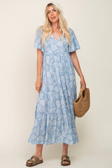 Light Blue Paisley Button Down Tiered Maternity Maxi Dress