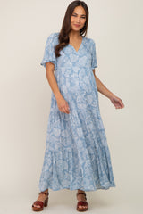 Light Blue Paisley Button Down Tiered Maternity Maxi Dress