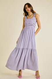 Lavender Smocked Embroidered Ruffle Strap Maxi Dress