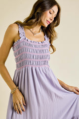 Lavender Smocked Embroidered Ruffle Strap Maxi Dress