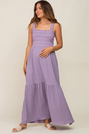 Lavender Smocked Embroidered Ruffle Strap Maternity Maxi Dress