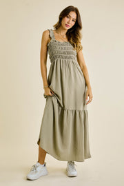 Olive Smocked Embroidered Ruffle Strap Maxi Dress