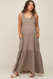 Olive Smocked Embroidered Ruffle Strap Maternity Maxi Dress