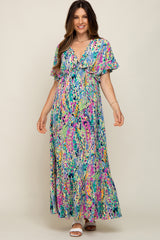 Blue Multi-Color Floral Ruffle Maternity Maxi Dress