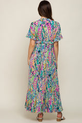 Blue Multi-Color Floral Ruffle Maternity Maxi Dress