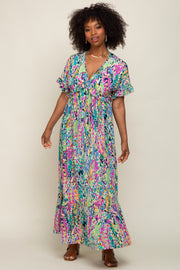 Blue Multi-Color Floral Ruffle Maxi Dress