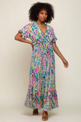 Blue Multi-Color Floral Ruffle Maxi Dress