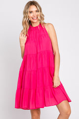 Fuchsia Ruffle Mock Neck Tiered Maternity Dress