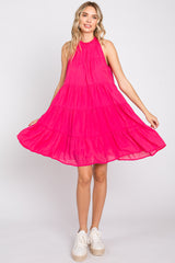 Fuchsia Ruffle Mock Neck Tiered Dress