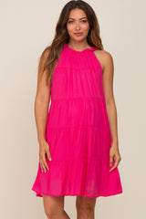 Fuchsia Ruffle Mock Neck Tiered Maternity Dress