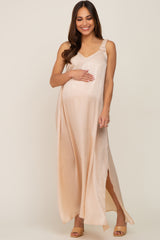 Beige Satin Side Slit Maternity Maxi Dress