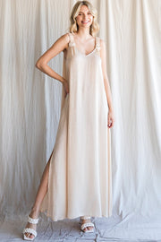 Beige Satin Side Slit Maxi Dress