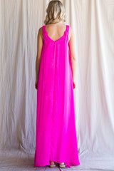 Fuchsia Satin Side Slit Maxi Dress