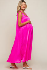 Fuchsia Satin Side Slit Maternity Maxi Dress