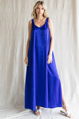 Royal Blue Satin Side Slit Maternity Maxi Dress