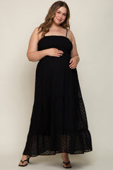 Black Textured Dot Chiffon Sleeveless Plus Maternity Maxi Dress