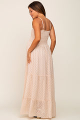 Beige Textured Dot Chiffon Sleeveless Maternity Maxi Dress