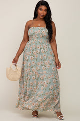 Sage Floral Smocked Chiffon Plus Maxi Dress