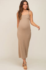 Taupe Soft Knit Shoulder Tie Maternity Maxi Dress