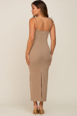 Taupe Soft Knit Shoulder Tie Maternity Maxi Dress