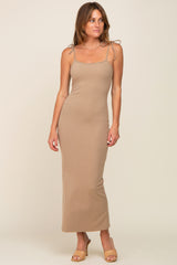 Taupe Soft Knit Shoulder Tie Maternity Maxi Dress