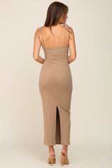 Taupe Soft Knit Shoulder Tie Maxi Dress