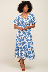 Blue Floral Smocked Maternity Midi Dress