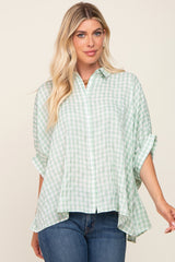 Mint Green Gingham Button Up Collared Boxy Top