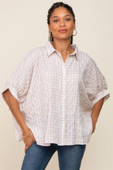 Beige Gingham Button Up Collared Boxy Maternity Top