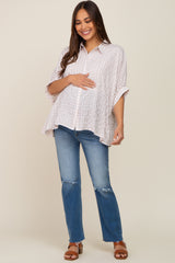 Beige Gingham Button Up Collared Boxy Maternity Top