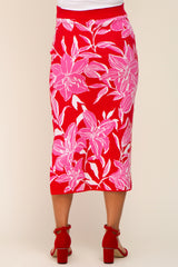 Red Floral Knit Maternity Midi Skirt