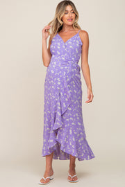 Lavender Floral Flounce Hi-Lo Maternity Wrap Maxi Dress