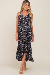 Black Floral Flounce Hi-Lo Maternity Wrap Maxi Dress