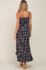 Black Floral Flounce Hi-Lo Maternity Wrap Maxi Dress