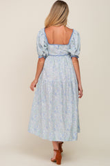 Light Blue Floral Front Button Scallop Accent Maternity Midi Dress