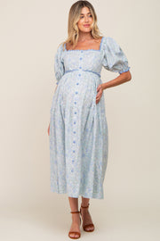 Light Blue Floral Front Button Scallop Accent Maternity Midi Dress