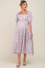 Lavender Floral Front Button Scallop Accent Maternity Midi Dress