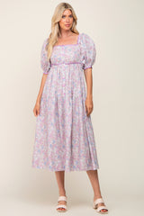 Lavender Floral Front Button Scallop Accent Midi Dress