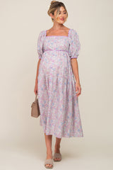 Lavender Floral Front Button Scallop Accent Maternity Midi Dress