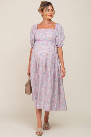 Lavender Floral Front Button Scallop Accent Maternity Midi Dress