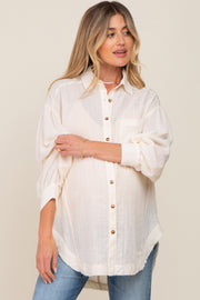 Beige Linen Collared Button Up Raw Edge Maternity Top