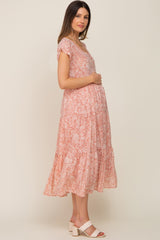 Pink Floral Tiered Button Down Maternity Midi Dress