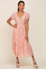 Pink Floral Tiered Button Down Maternity Midi Dress