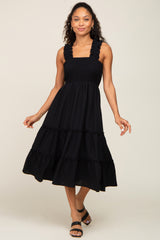 Black Smocked Square Neck Ruffle Strap Tiered Midi Dress