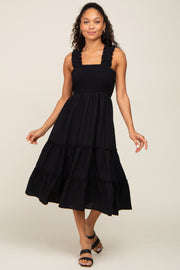 Black Smocked Square Neck Ruffle Strap Tiered Midi Dress