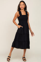 Black Smocked Square Neck Ruffle Strap Tiered Midi Dress