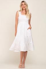 White Smocked Square Neck Ruffle Strap Tiered Maternity Midi Dress